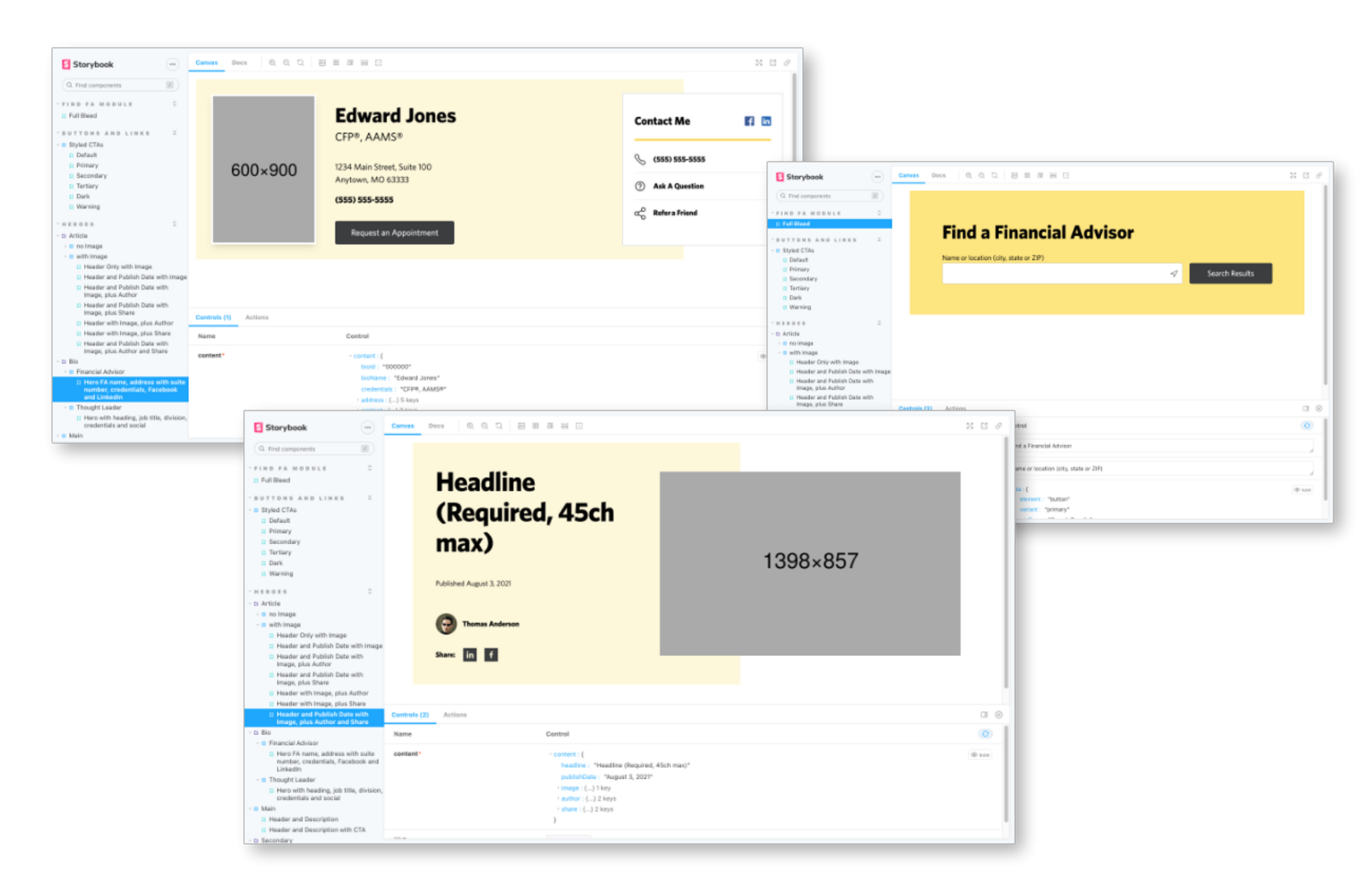 A collage of screens from a Storybook implementation of a React component library for edwardjones.com, featuring the financial advisor profile Hero, and article page Hero, and the 'Find a Financial Advisor' search component.