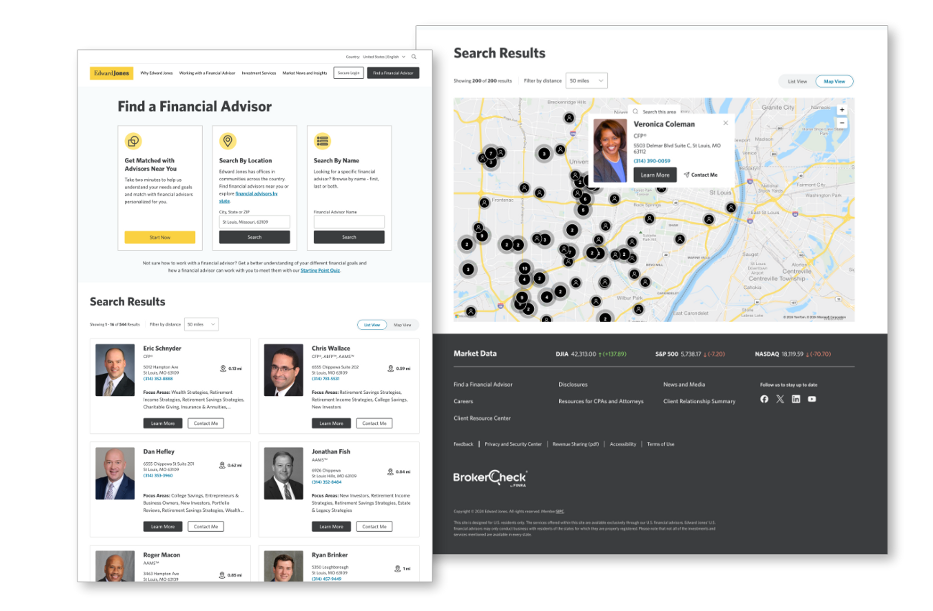 List and map views of results following a search with the financial advisor locator.