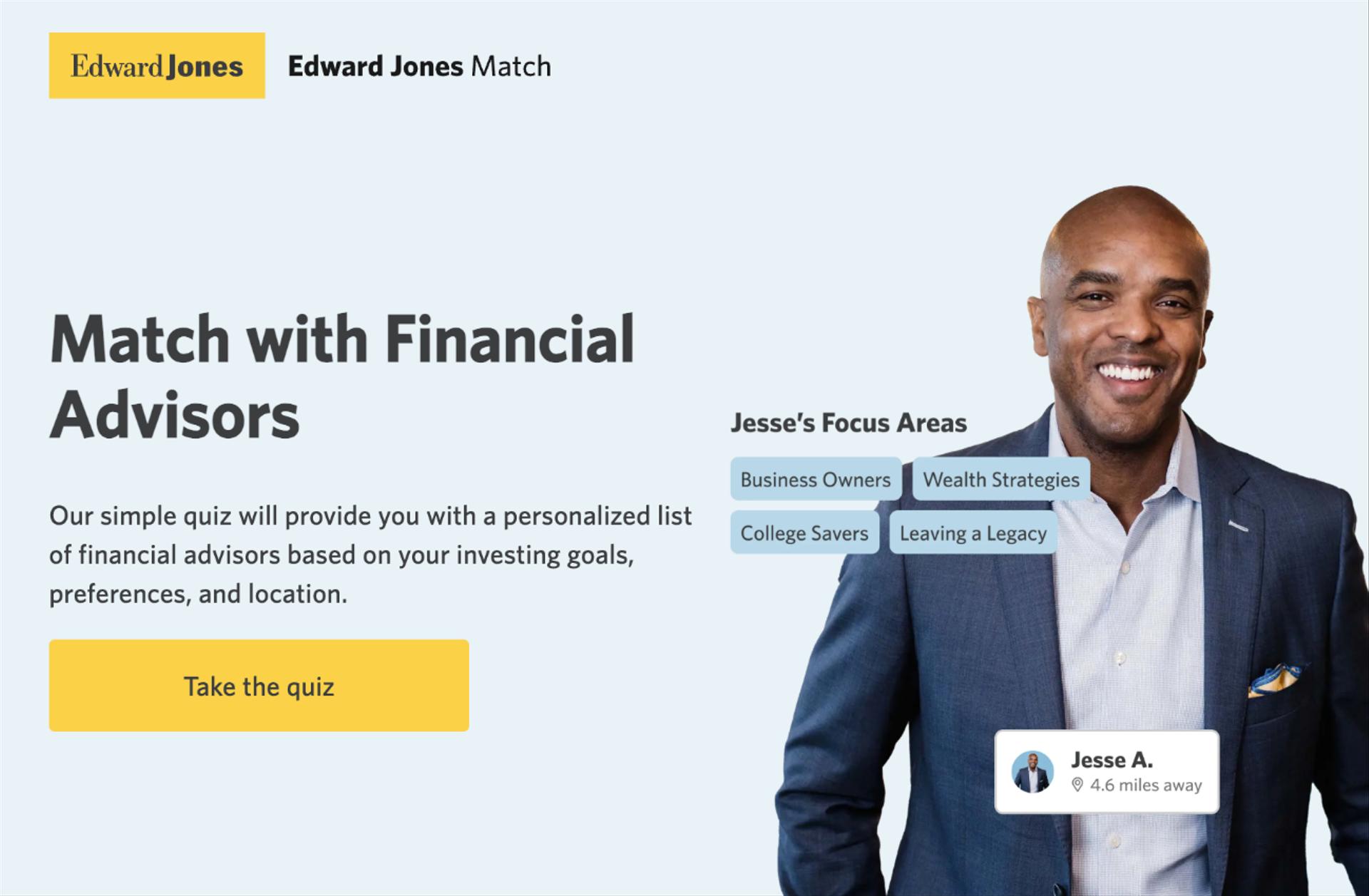 The hero section of the Edward Jones Match home page.