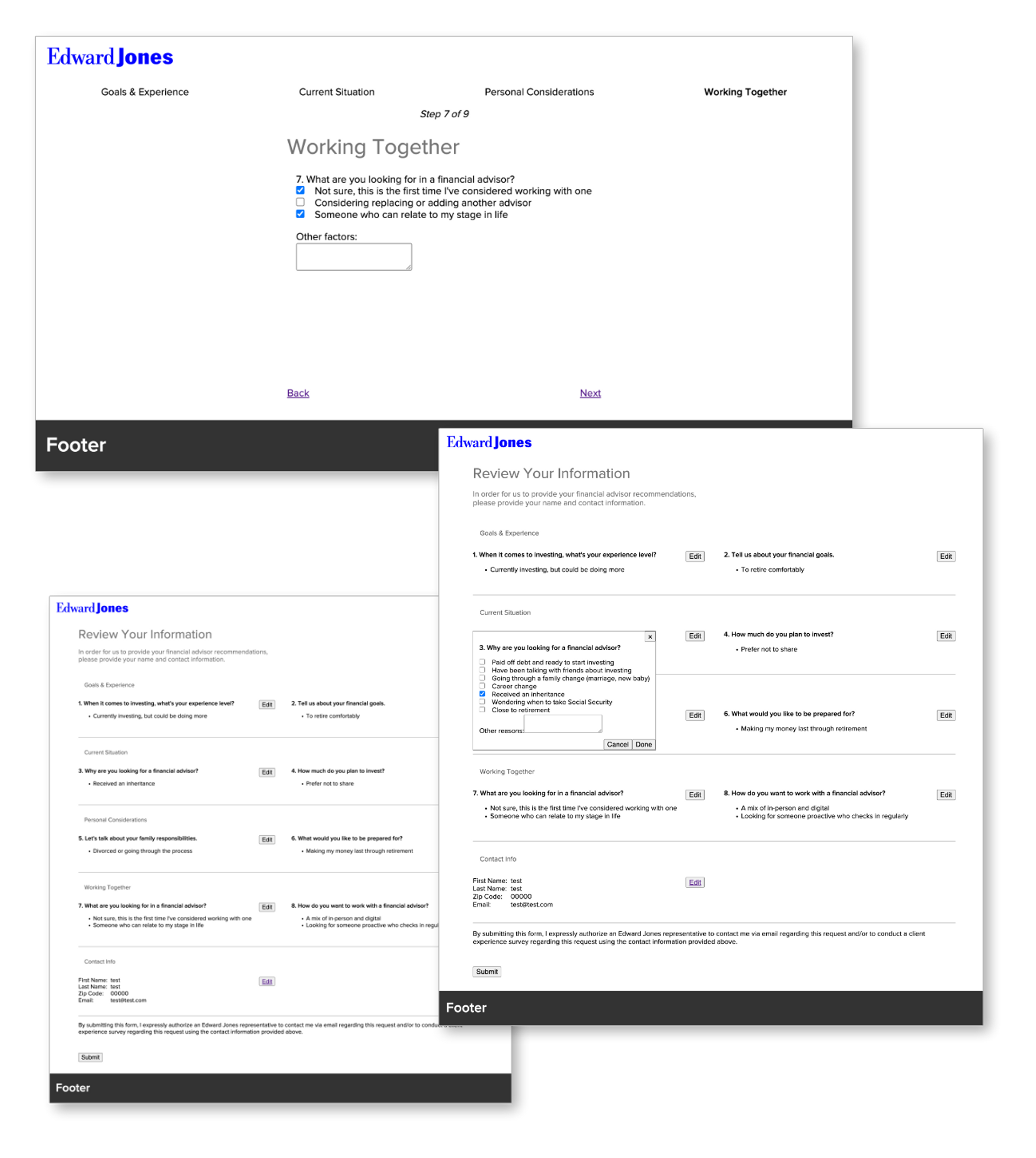 Screens from the Edward Jones Match React prototype.