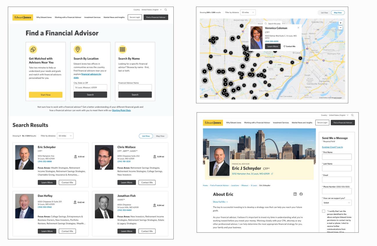 List and map views of results following a search with the financial advisor locator.