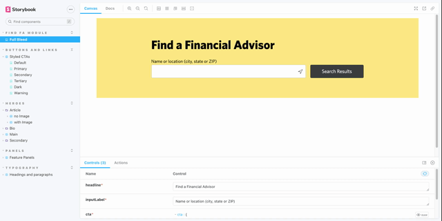 An animated image showcasing multiple variants in Storybook of the Financial Advisor Profile Hero component, the Article Page Hero component, and the Call to Action component.