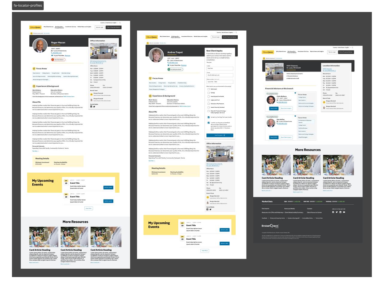 Advisor profiles with new client inquiry forms for advisors accepting new clients, and a location profile screen.
