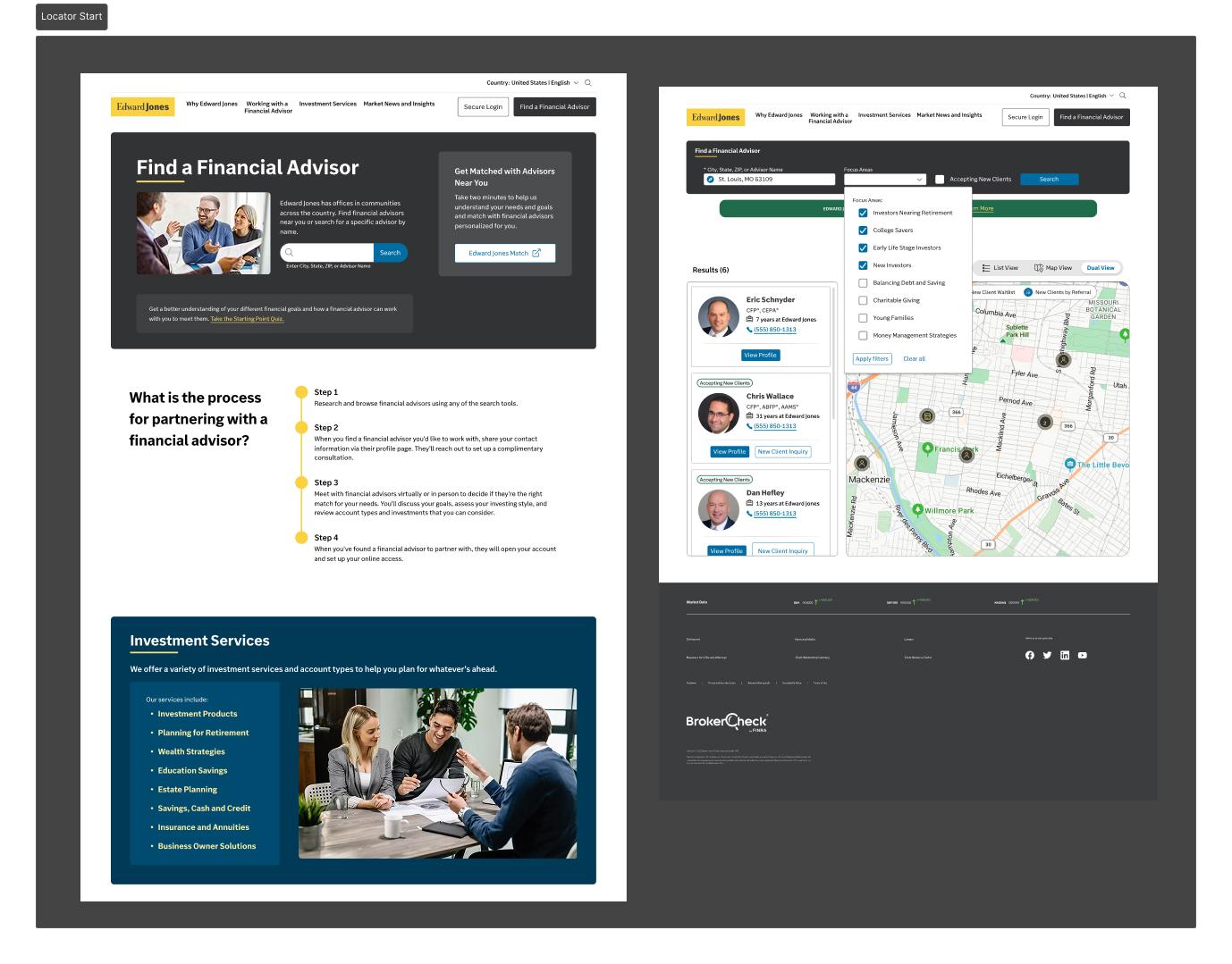 The Financial Advisor locator landing page and dual view search results screen with filters.