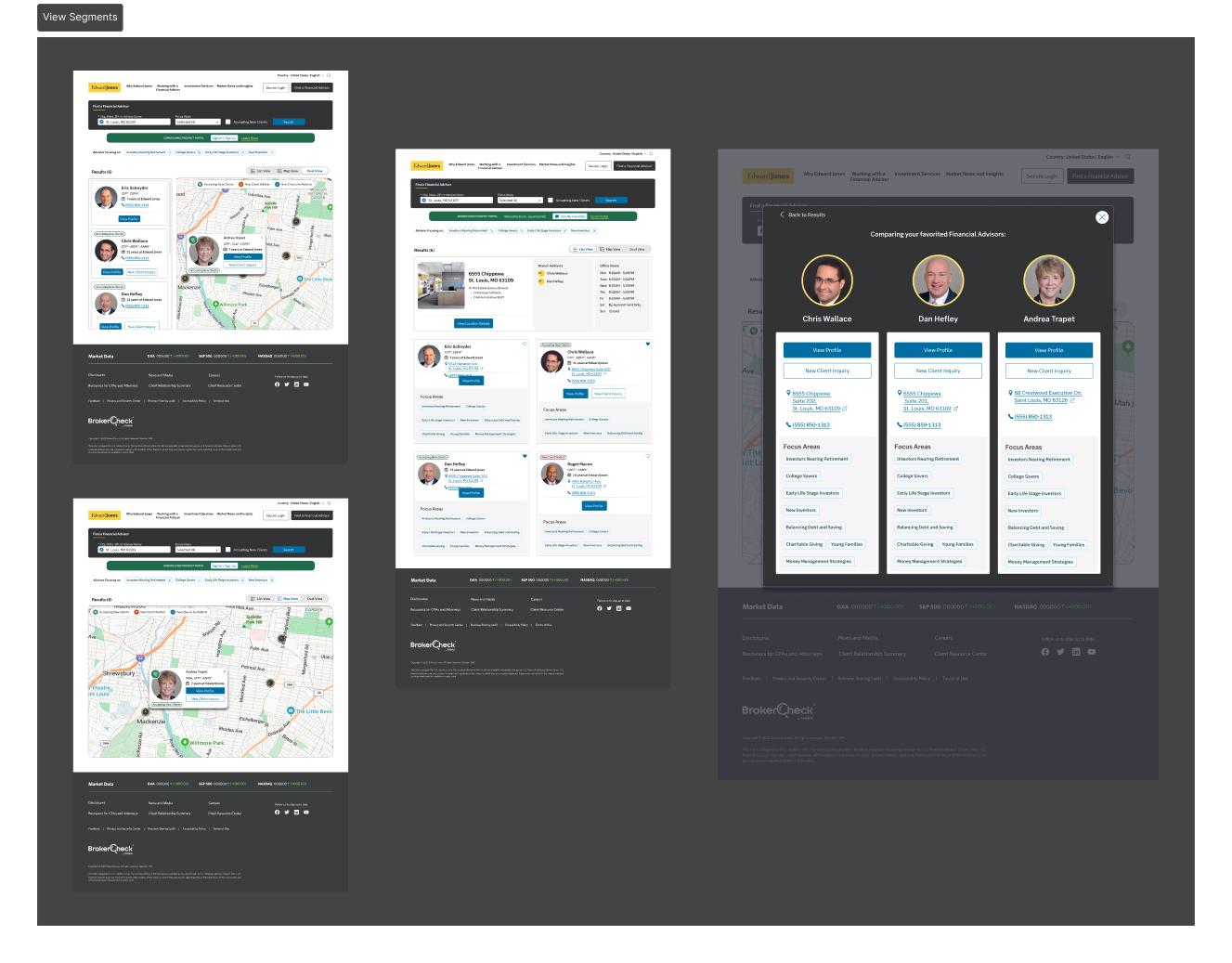 List, map and dual views of search results and the interface for comparing favorited advisors.