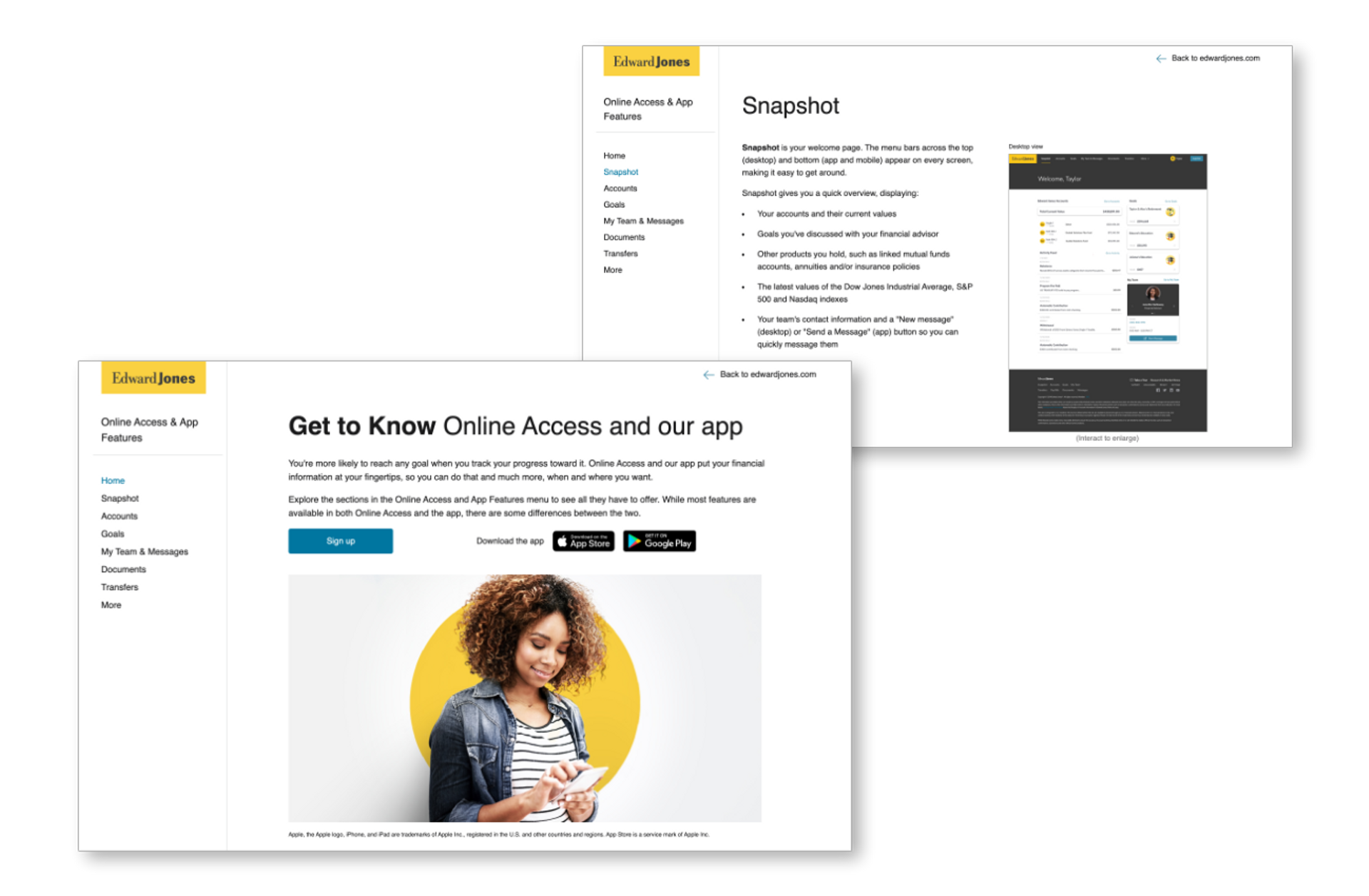 A collage of two screens from the 'Get to Know Online Access' microsite experience, including the 'Snapshot' and 'Home' pages.