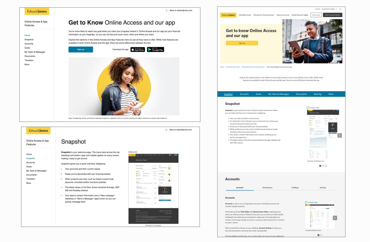 Left: A collage of two screens from the 'Get to Know Online Access' microsite experience, including the 'Home' and 'Snapshot' pages. Right: Tthe redesigned single page experience on edwardjones.com