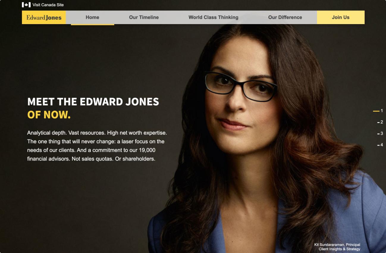 A collage of two full page screens from the Edward Jones Know More campaign website, featuring the 'Home' and 'World Class Thinking' pages.