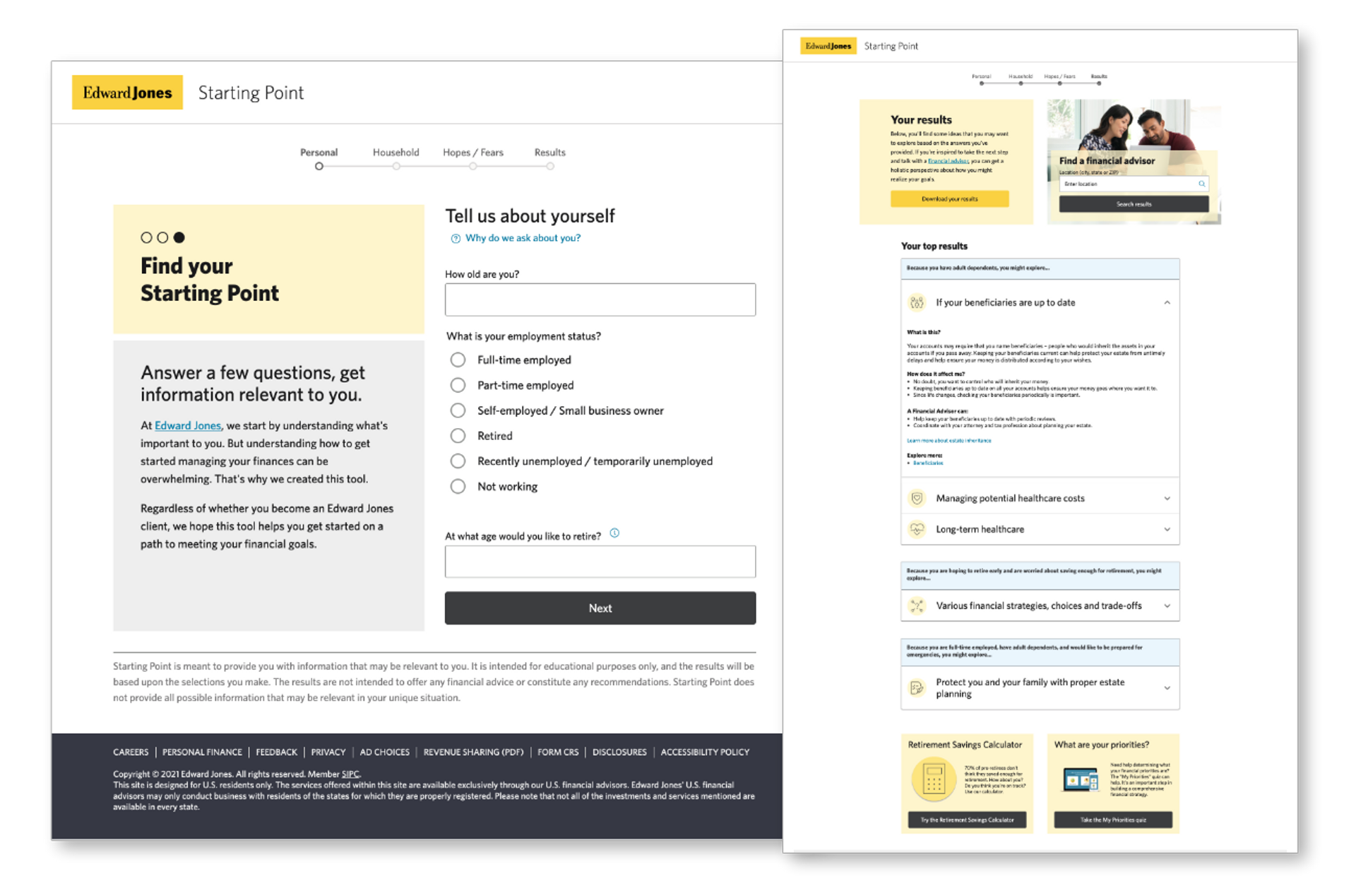 A collage of the starting and ending screens of the Edward Jones Starting Point quiz experience.