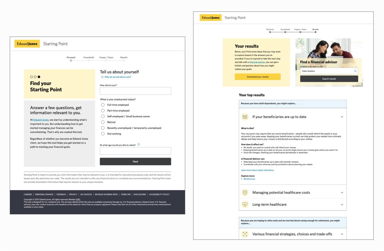 The starting and ending screens of the Edward Jones Starting Point quiz experience.