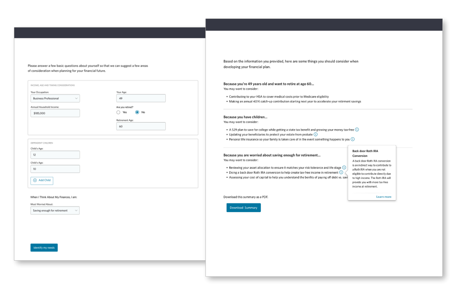 Early stage prototype screens for user testing.