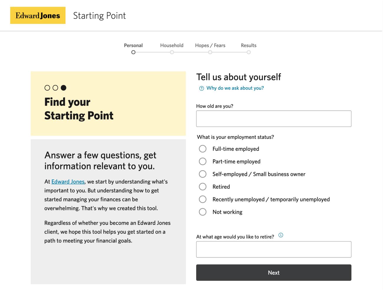 The home screen from the Edward Jones Starting Point Application MVP.