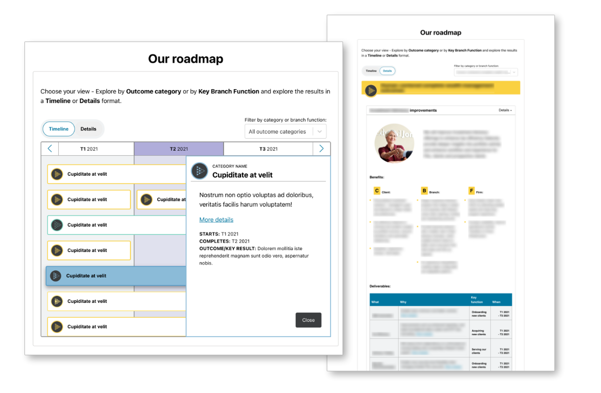 A collage of two states of an interactive roadmap timeline prototype, the default view and a selected item view with an open panel containing additional information.