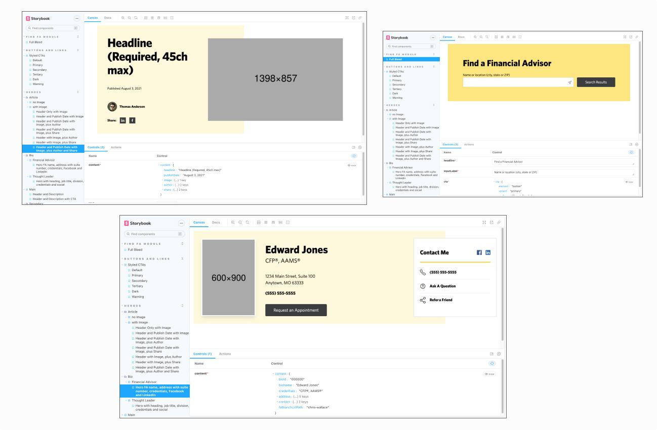 A collage of screens from a Storybook implementation of a React component library for edwardjones.com, featuring the financial advisor profile Hero, and article page Hero, and the 'Find a Financial Advisor' search component.