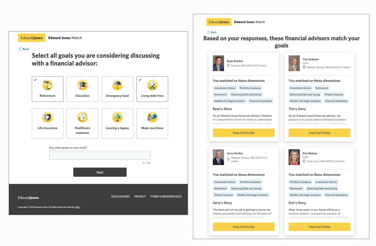 Screens from the production release of the Edward Jones Match application.